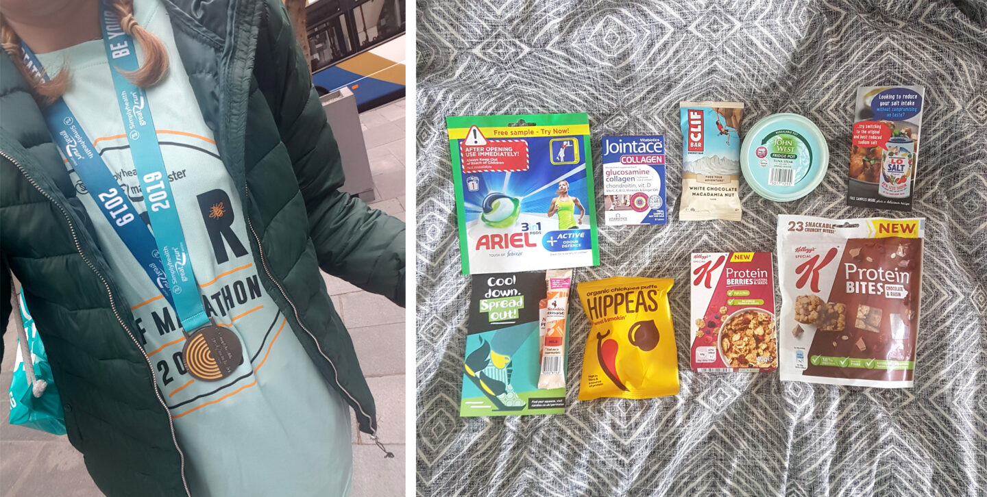 Left photo shows race medal and shirt. Right photo shows food from race goodie bag, including cereal, tuna, protein bar, crisps.
