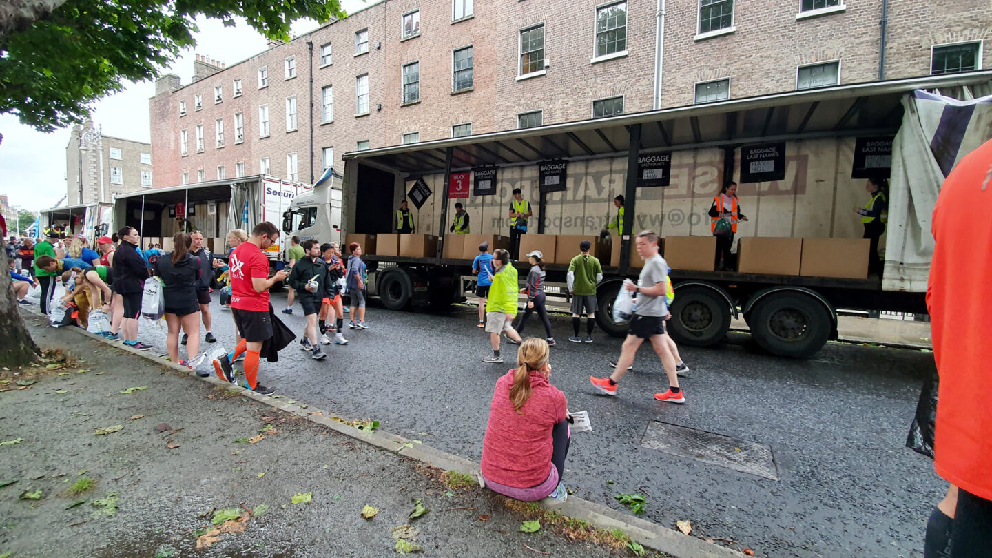Rock n Roll Dublin Baggage drop - view of lorries and people