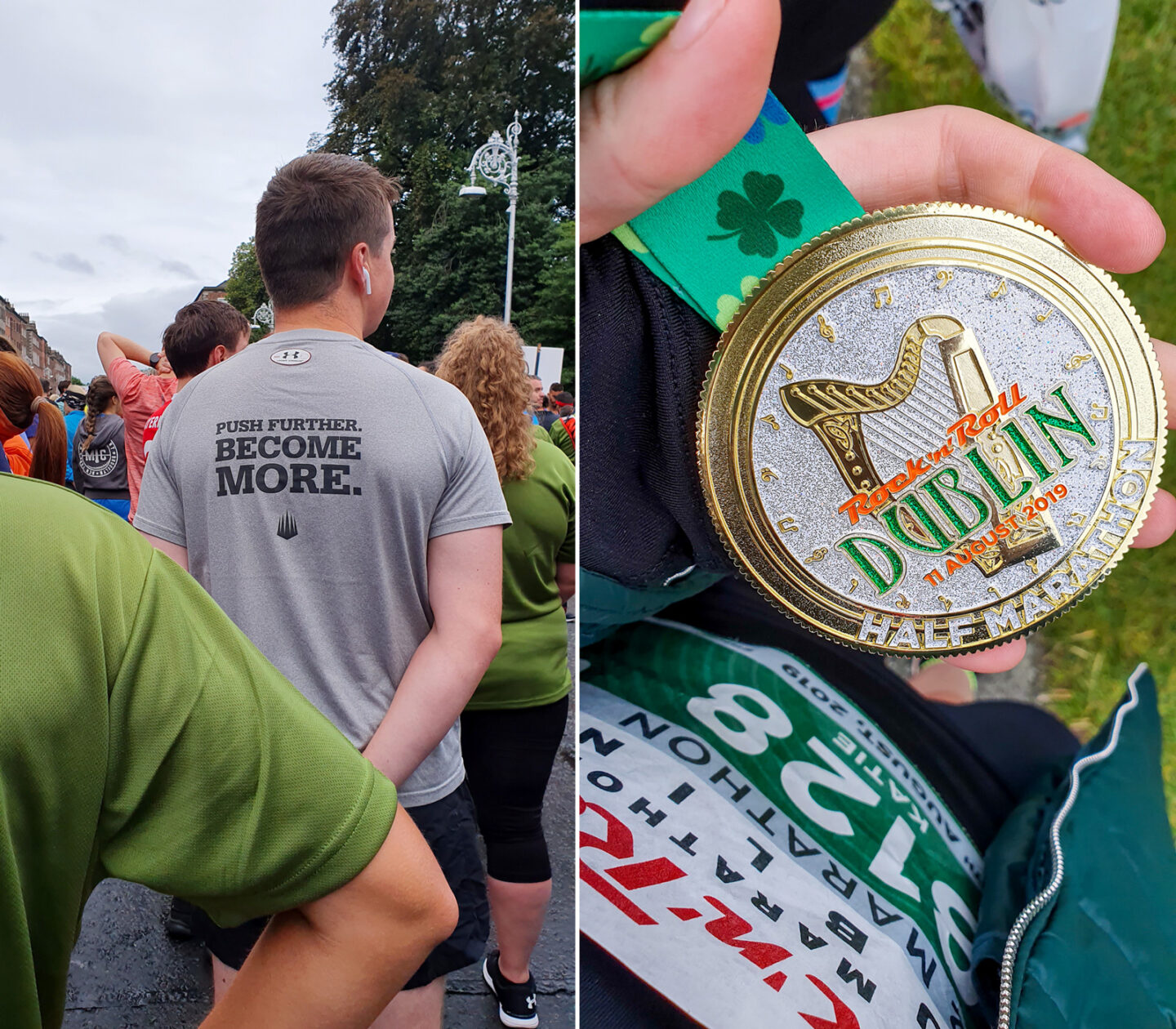 Man wearing t-shirt with the words 'Push further. Become More.' and photo of Rock n Roll Dublin medal.