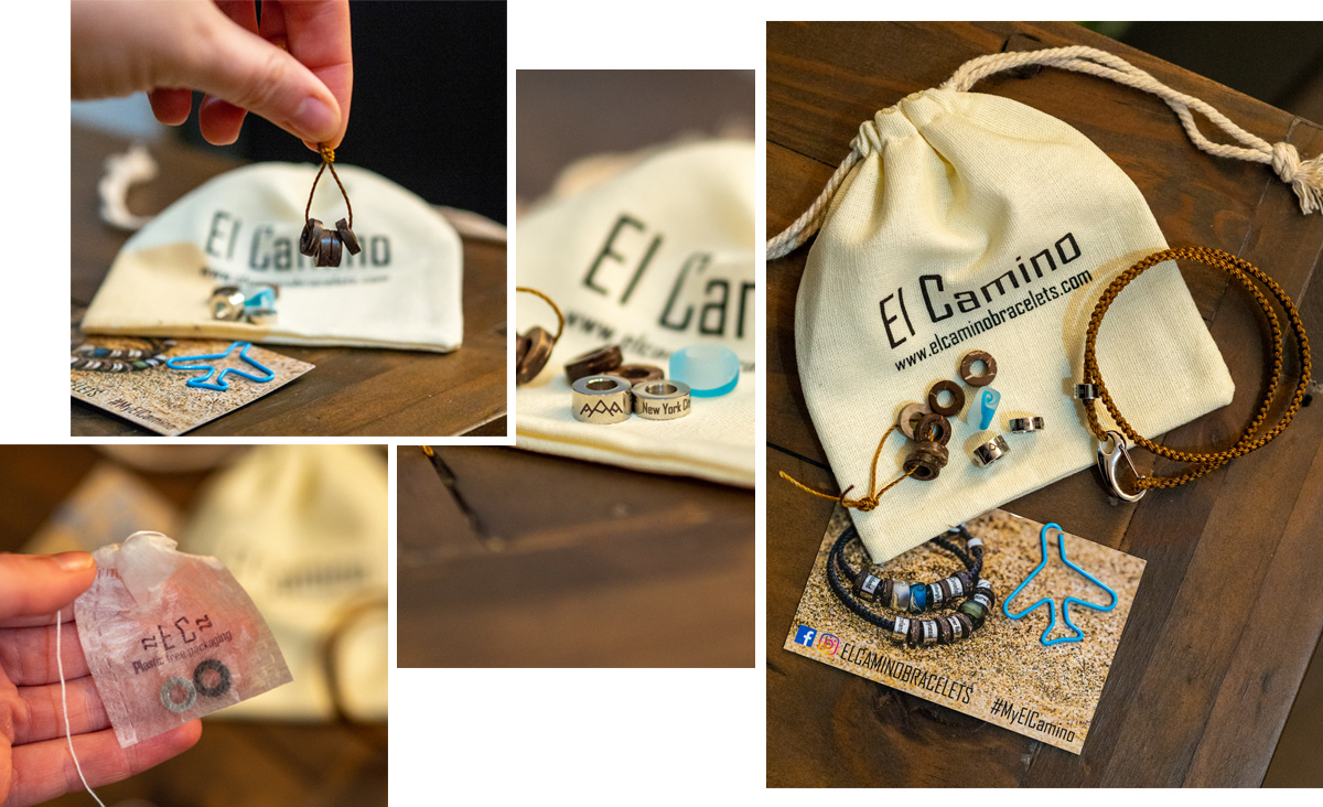 Four photos showing the El Camino Bracelets which are handmade cord with wooden separators and steel rings with images or place names on them.