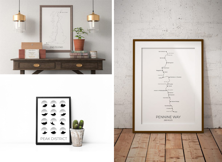 Prints showing hiking routes for the adventurous traveller