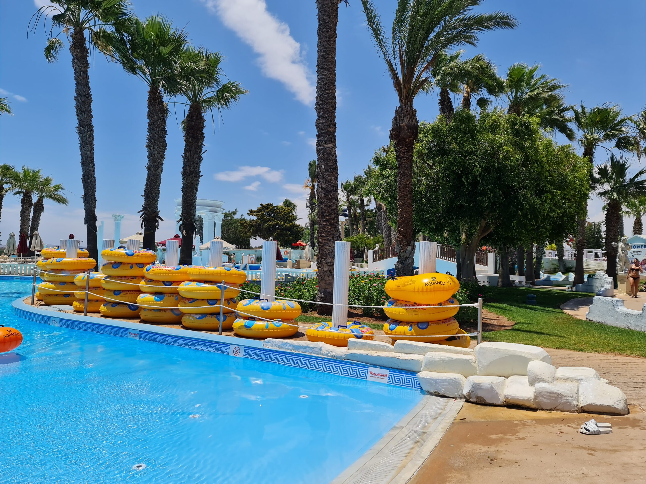 Rings piled up at the side of the lazy river at waterworld ayia napa