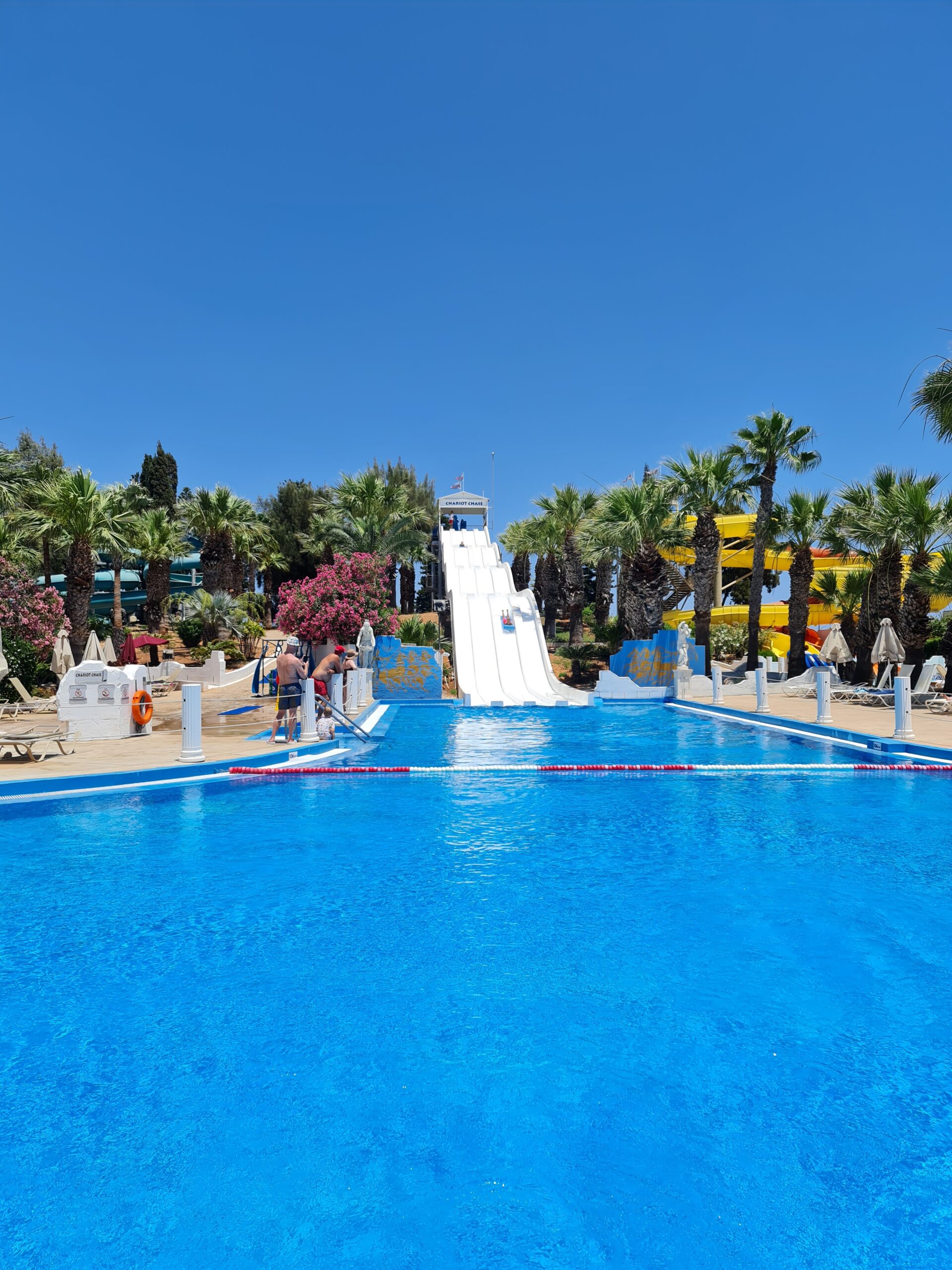 View from swimming pool that joins up to the chariots chase slides