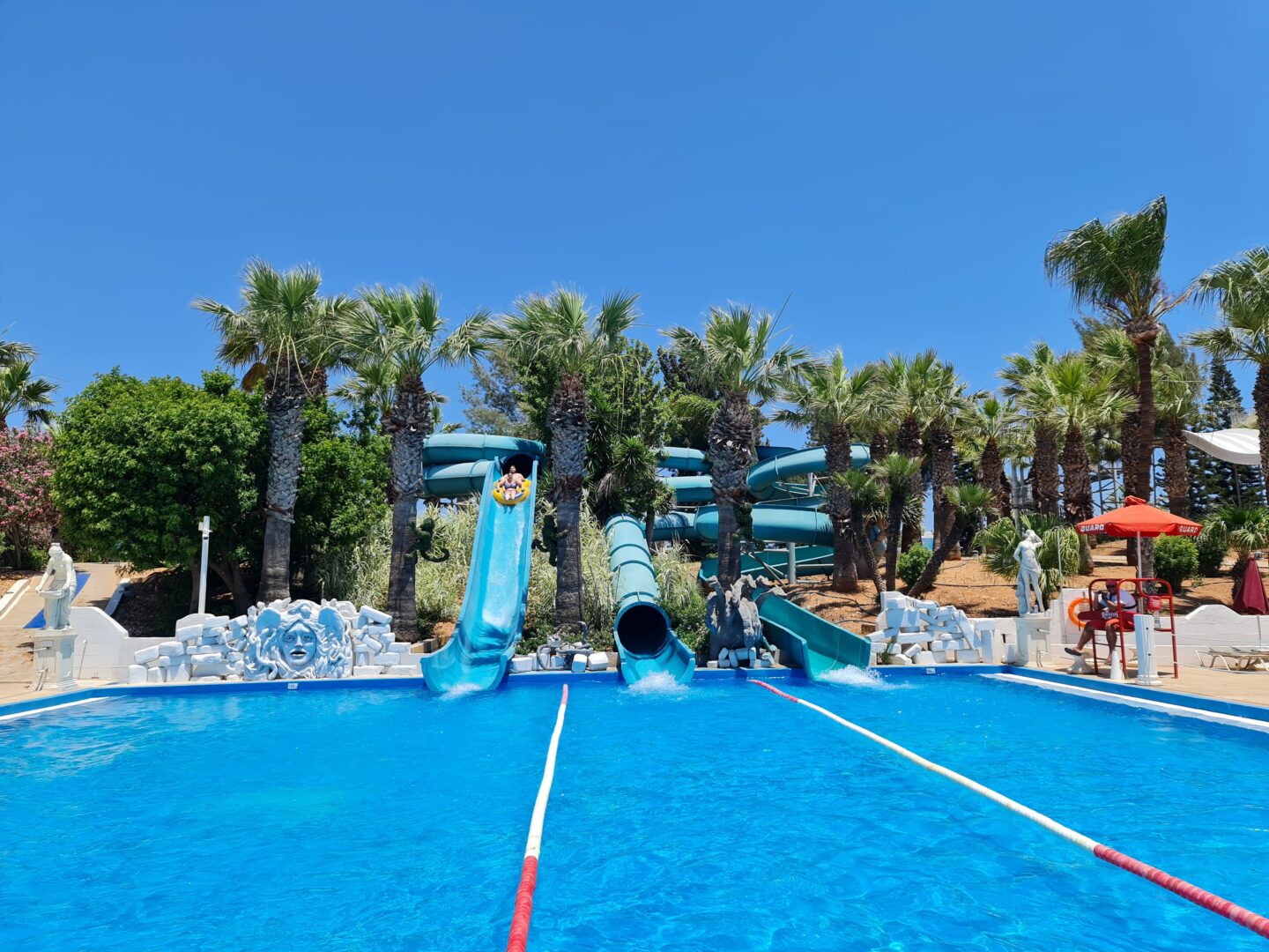 View of three Serpentine Slides at Waterworld Ayia Napa